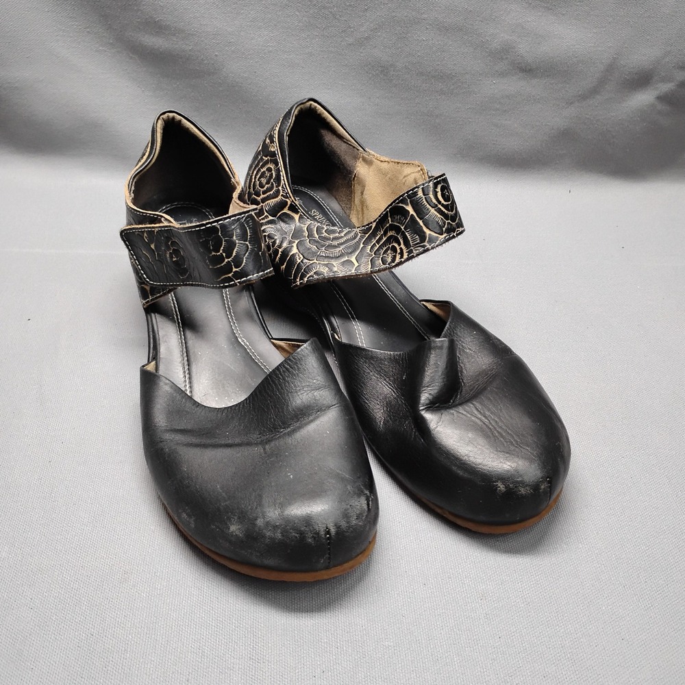 Spring Step L'Artiste Womens 42 Black Leather Floral Mary Jane Wedge Shoes